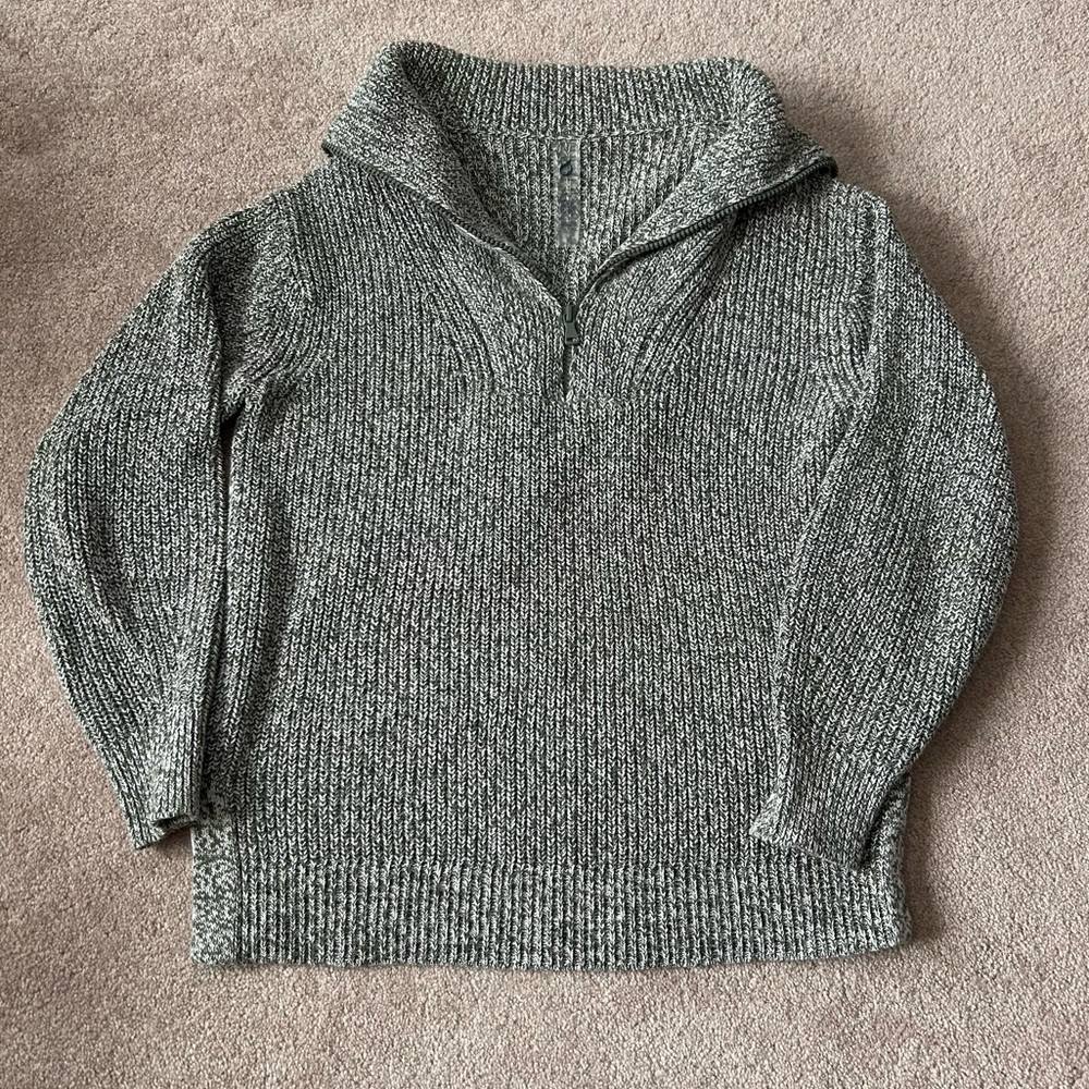 Lou & Grey Heathered Green and White Knit 1/4 Zip Pullover Cotton Sweater